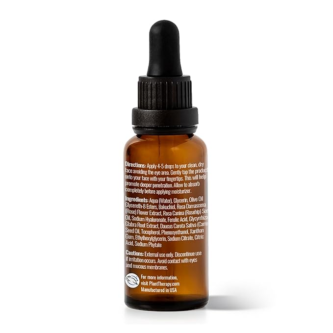 Plant Therapy Rose with Bakuchiol Facial Serum 1 oz with Rose Extract, Rosehip Seed Oil, and Carrot Seed Oil, Reduces the Appearance of Fine Lines & Wrinkles