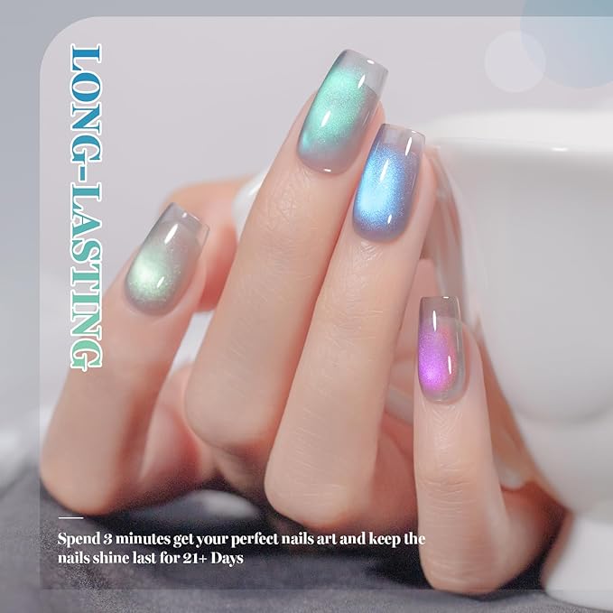 RARJSM Pastel Aurora Ceramics Glitter Cat Eye Gel Nail Polish Set 6Pcs Champagne Gold Green Mint Icy Blue Violet Pink Smoothie Glassy Cateye Gel Polish with Magnetic Stick Curing Require Home Salon