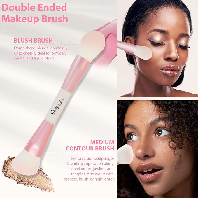 START MAKERS Makeup Brushes 5Pcs Dual Ended Pink Makeup Brush Set for Foundation Blush Bronzer Concealer Contour Powder Highlight Eyebrow Eyeshadow Blending, Travel Makeup Brushes with Bag