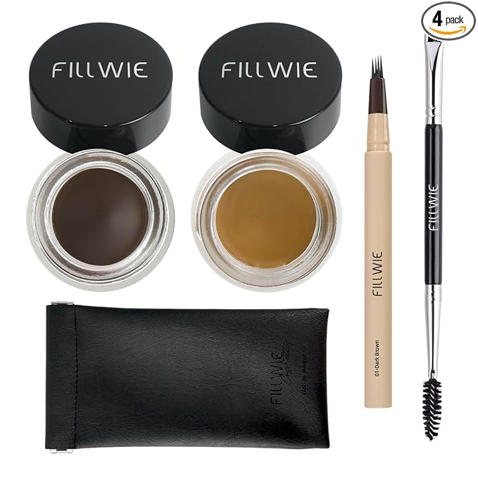 Eyebrow Pomade Kit – 2 Pack Stay Put Waterproof Brow Color to Fill & Shape Brows, with 4-Tip Liquid Eyebrow Pen, Double-Ended Angled Spoolie Brush & PU Travel Pouch (Dark Brown + Blonde)
