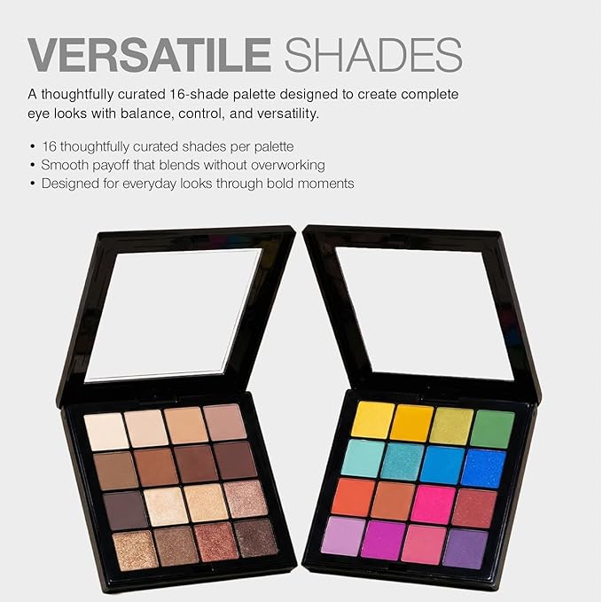 Palladio Ultimate Pro Eyeshadow Makeup Palette, 16 High-Pigmented Powder Colors, Matte, Shimmer, Satin Finishes, Color Crush