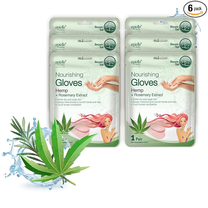 Epielle Nourishing Hand Mask 6 Pairs, Repair and Soften with Hemp & Rosemary Extract, Deep Moisturizing Gloves for Dry, Cracked Hands, Self Care Gifts for Women, Spa Kit, Mothers Day Gifts