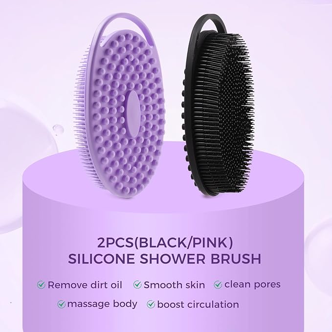2 Pack Silicone Body Scrubber, Exfoliating Silicone Shower Scrubber for Body, Gentle 2 in 1 Silicone Loofah Alternative for Women Men, Dual-Sided Soft Bath Scrubber for All Skin, Black+Purple