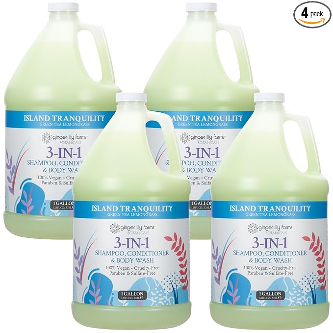 Ginger Lily Farms Botanicals 3-in-1 Shampoo, Conditioner & Body Wash, Island Tranquility, 100% Vegan & Cruelty-Free, Green Tea Lemongrass Scent, 1 Gallon (Pack of 4)