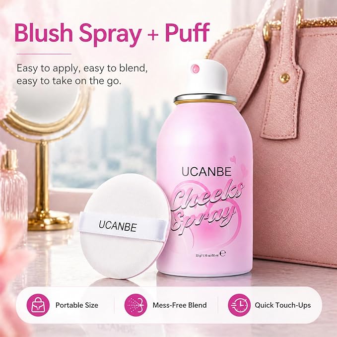 UCANBE Blush Spray with Puff, Hydrating Liquid Blush Mist for Cheeks - Soft Pigmented Buildable Blendable Breathable Blush, Healthy Dewy Glow Finish, Talc-Free, 01 Lavender (1.16 oz)