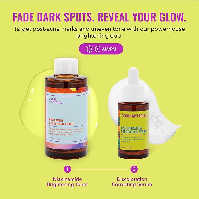 Good Molecules Blemish Scar & Discoloration Set, Niacinamide Brightening Toner 120ml, Discoloration Correcting Serum 30ml, 2-Step Skincare Kit