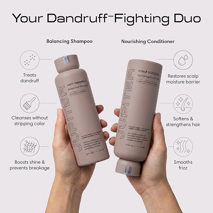 Jupiter Anti Dandruff Shampoo, Conditioner, & Scalp Scrubber for Flaky, Itchy & Dry Scalp - Hydrates & Reduces Flakes - Scalp Treatment & Hair Care Set - Color-Safe, Sulfate-Free, Paraben-Free