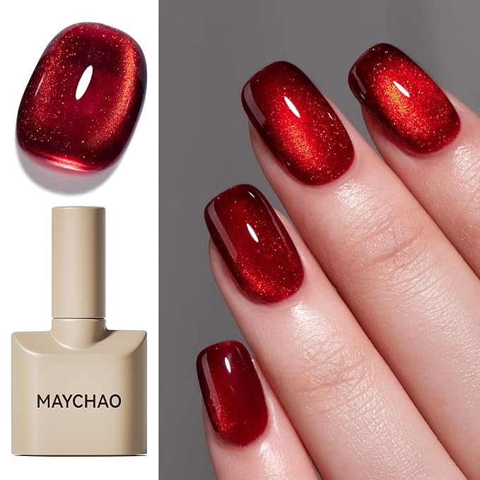 MAYCHAO 15ML Red Cat Eye Gel Nail Polish 1Pc Blood Red Gel Polish Soak off Holographic Magnetic Nail Polish for Nail Art Manicure Salon DIY at Home, 0.5 OZ