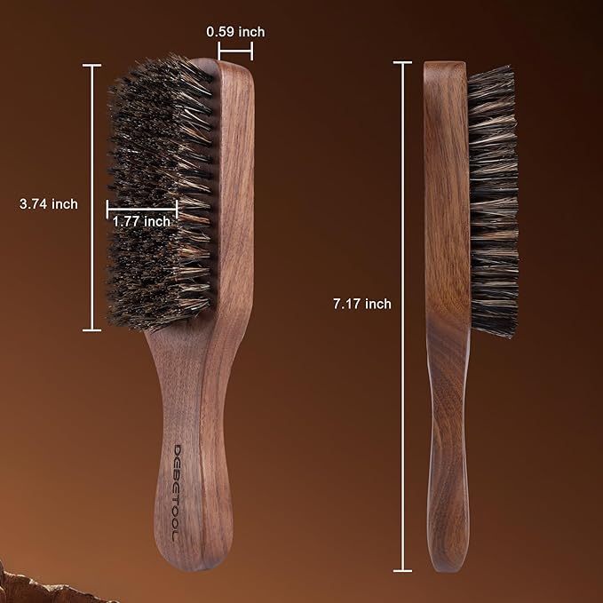 DEBETOOL Natural Walnut Wood Mens Hair Brush - Stiff Boar Bristle Men's Hair Brush for Thin Hair Detangling, Beard Straightens