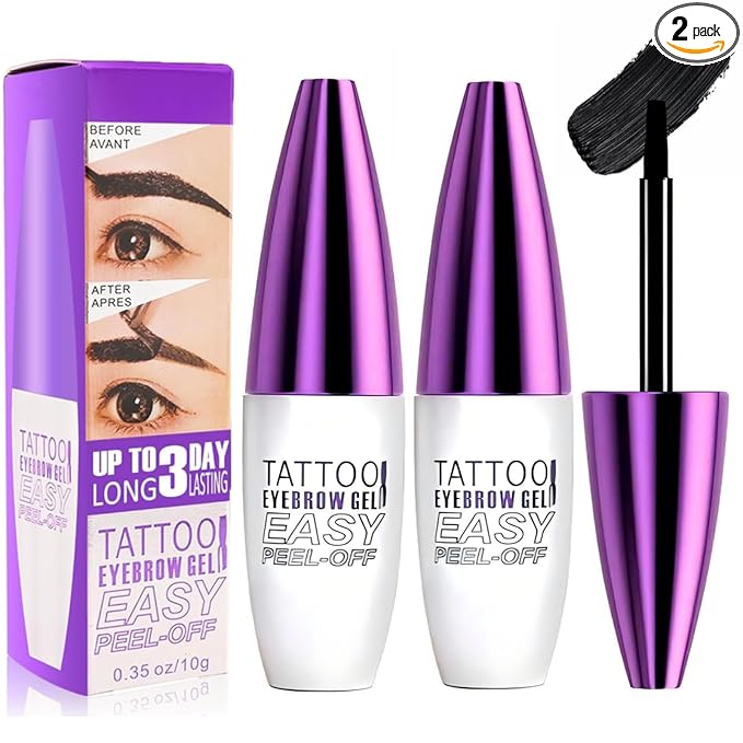 2 Pack Tattoo Eyebrow Gel Easy Peel Off, Waterproof & Sweatproof Eyebrow Tint Peel Off, Easy Peel-Off Eyebrow Gel, Suitable For All Skin Types (Black)
