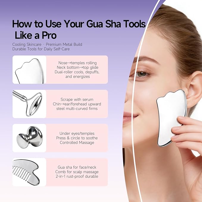 Stainless Steel Face Roller & Gua Sha Set Cooling Facial Massage Tools for Face, Neck & Eyes, Smooth Skincare Routine, Durable Metal Beauty Tools for Daily Self-Care