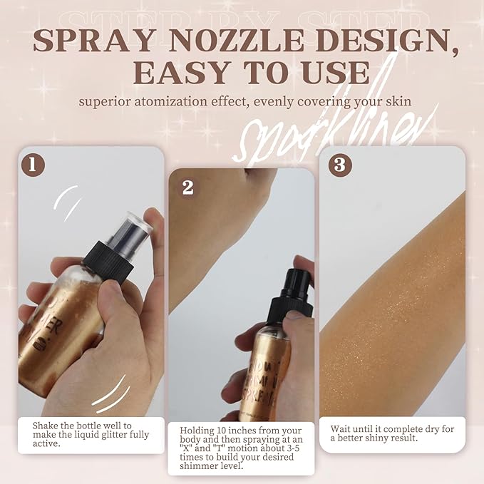 Body Glitter Spray, Body Shimmer Spray Quick Drying Body Glow Shimmer Long-Lasting Shiny Glitter Spray for Women Men for Party, Concert 2.6 Fl Oz. (Light Brown)