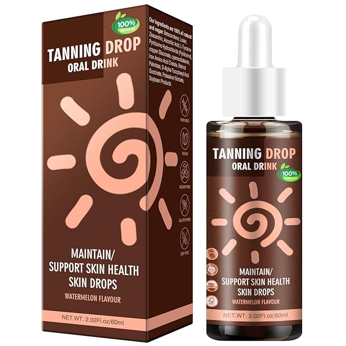Sunless Tanning Drops To Drink: Oral Dark Self Tanning Drops Gradual Glow for Face & Body, 100% Natural Watermelon Flavor Tanning Supplement for Skin, Hydrating Bronzing Tanner for All Skin (60ml)