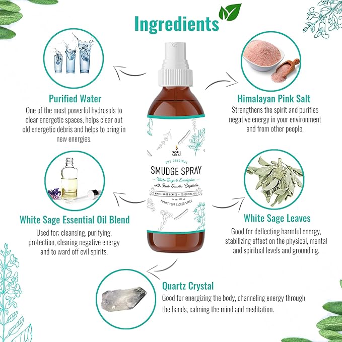 SOUL STICKS White Sage & Eucalyptus Smudge Spray – 3.5oz Smokeless Energy Mist with Quartz Crystals – Essential Oil Spray for Focus, Clarity, Aura Cleansing, Meditation, and Home Refreshing