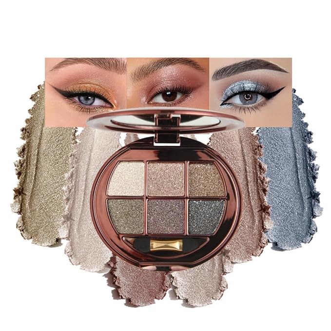 Champagne Taupe Neutral Shimmer Eyeshadow Palette, 6 Color High Pigment Blendable Glitter Eye Shadow Makeup for Older Women, Lightweight Travel Friendly, Suitable for All Eye Shapes, Smokey Look 02#