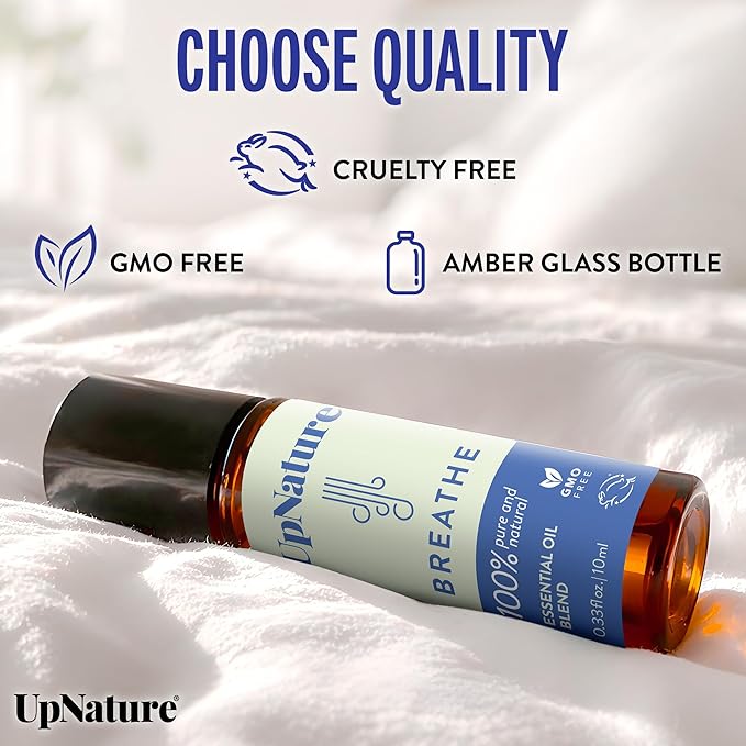 UpNature Breathe Essential Oil Roll On Blend – Natural Breathing Support - Premium Quality Essential Oils for Skin - Pure Blend of Peppermint, Tea Tree & Eucalyptus Oil