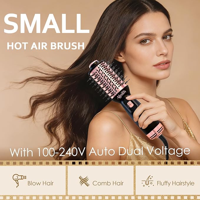 Aleath Hair Blow Dryer Brush for Travel: 2026 Gifts for Women - Small Hot Air Brush with Auto Dual Voltage - Fast Blowout Brush European International Travel Essentials