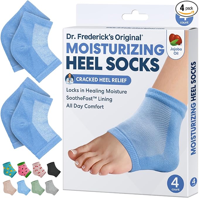 Dr. Frederick's Original Moisturizing Heel Socks for Dry Cracked Heels Treatment - Infused with Olive Oil, Jojoba Oil and Vitamin E - 2 Pairs - Self Care Gifts for Women & Men - Blue Jojoba
