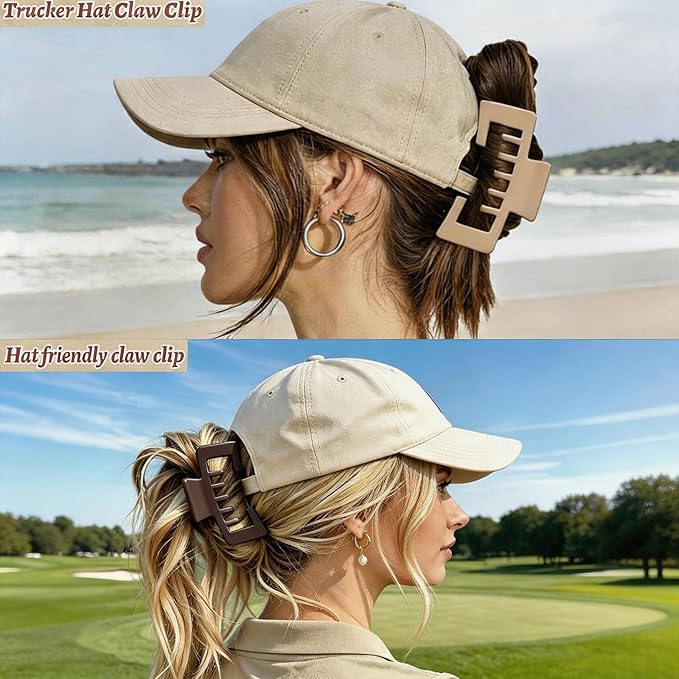 4 Pcs Large Hats Claw Clips for Women, Hat-Friendly Hair Clips for Trucker Hats and Baseball Caps, Matte Non-Slip Strong Hold Hair Claw Clips for Thick Thin Hair