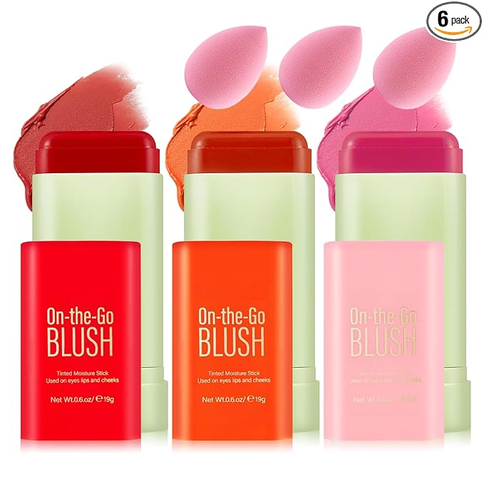3 Colors Blush Stick with Makeup Sponges,Matte Solid Cream Blush,Multi-Use Blush Stick for Cheeks,Lips and Eye,High Pigmented Makeup Sticks Set A