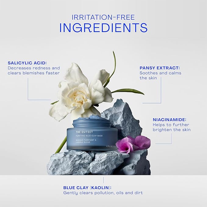 The Outset Blue Clay Face Mask, Hydrating & Detoxifying for Blackheads, Pores & Skin Clarifying, Gentle, Fragrance-Free, Vegan, Gluten-Free Clean Skincare - 1.7 fl oz