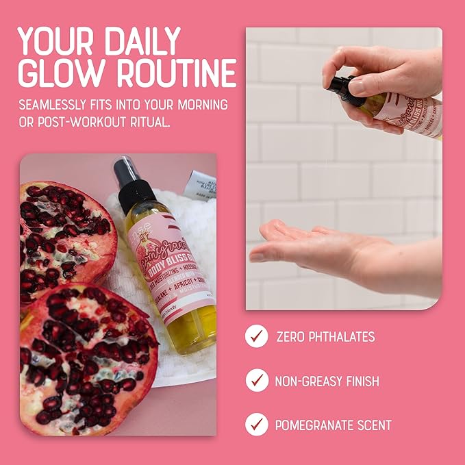 Rinse Bath & Body Pomegranate Body Oil Moisturizer Spray - Natural Lightweight Fast Absorbing with Squalane, Grapeseed, Apricot & Vitamin E Oil for All Skin Types, 4 fl oz