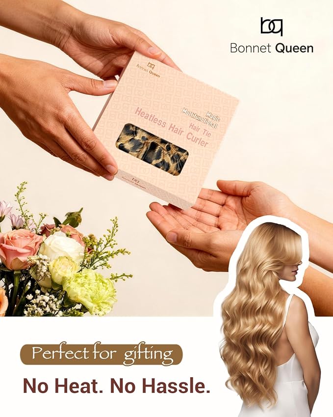 BONNET QUEEN Satin Heatless Hair Curler, Overnight Curls for Long Hair, Ultra Soft Daily Use of Hair Accessories & 2 Scrunchies, Damage-Free Styling, Soft Hair Curlers for Overnight, Leopard