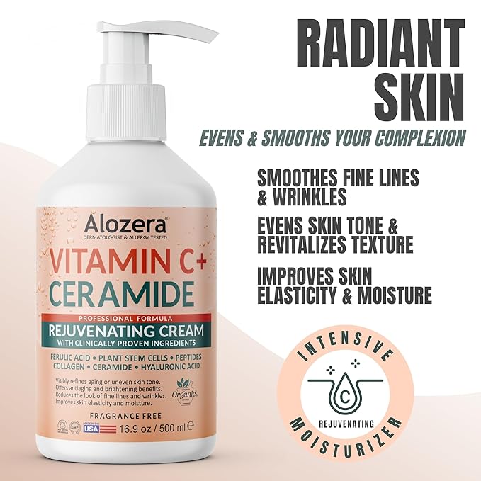 Alozera Vitamin C Ceramide Moisturizer Cream, Rejuvenating Face & Body Lotion with Plant Stem Cell, Helps Brighten and Even Skin Tone, Non-Greasy, Lightweight, Fragrance-Free, 16.9 oz (2-Pack)