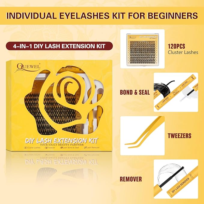 QUEWEL DIY Lash Extension Kit, Wispy Lash Clusters Kit D 10-16mm Lash Clusters Natural Look Super Thin Band Cluster Lashes Kit 120 PCS with Lash Bond and Seal and Lash Tweezers(Feather 03 Kit)