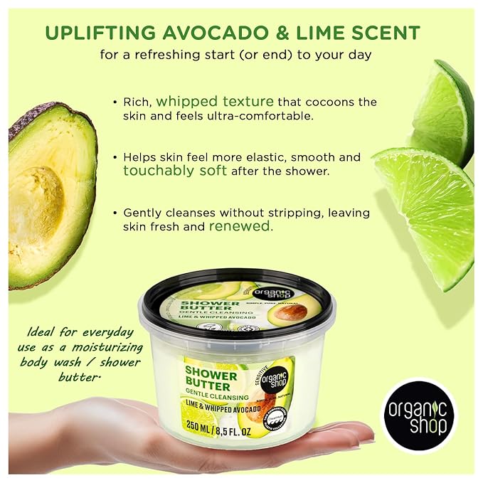 Organic Shop Shower Butter Whipped Avocado & Lime, 99% Natural, COSMOS Natural, Vegan Body Wash, Moisturizing Shower Cream, Gentle pH Balanced Cleanser, Paraben Free, Made in Europe, 8.5 fl oz