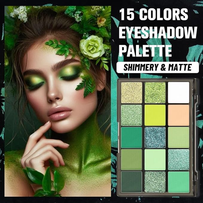 CAKAILA Smokey Green Eye Shadow Makeup Palette,15 Colors Bright Forest Emerald Dark Green Shimmer Matte Makeup Pallet,Long Lasting Waterproof for Daily and Halloween