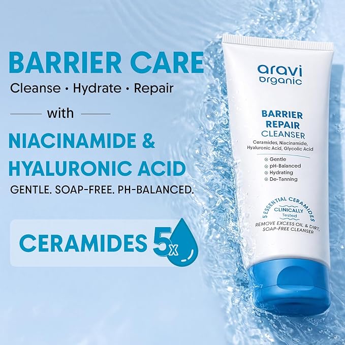 Aravi Organic Hydrating Barrier Repair Face Wash -With Ceramide, Niacinamide & Hyaluronic Acid -Nourishing & Hydrating Cleanser for All Skin Types -Gentle Daily Cleanser for Soft & Smooth Skin -100 ml