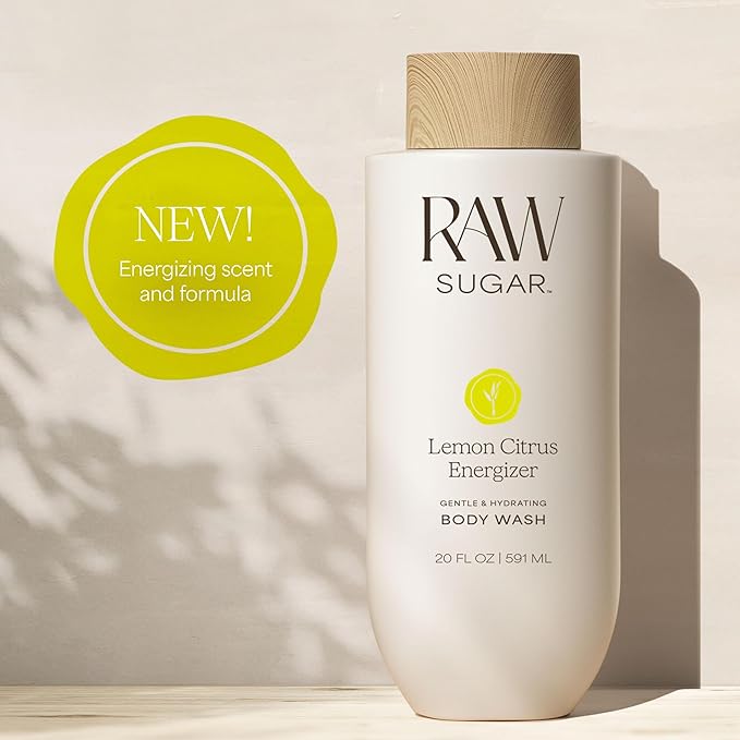 RAW SUGAR Lemon Citrus Energizer Gentle & Hydrating Body Wash, 20 Fl Oz (Pack of 3), Moisturizing & Energizing Bath & Shower Gel, Vegan, Formulated without SLS/SLES & Parabens