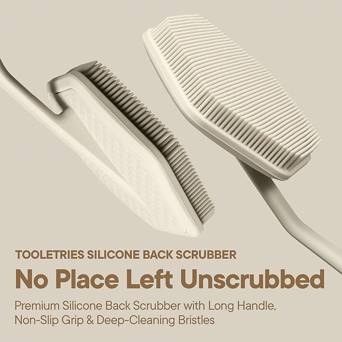 TOOLETRIES Silicone Back Scrubber for Shower Exfoliating Back Brush for Men with Long Handle, Non Slip Grip Body Washer to Clean Hard to Reach Areas, Durable Bath Accessory - Sand