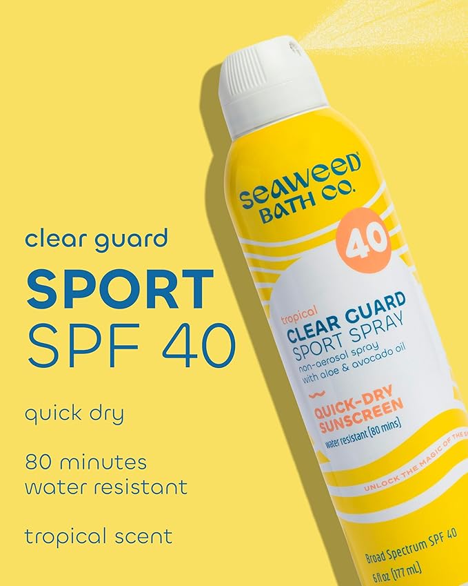 Seaweed Bath Co. Clear Guard SPF 40 Sport Broad Spectrum Sunscreen - Quick Dry, Air-Powered Spray - Natural Tropical Scent - With Sustainably Harvested Seaweed, Aloe, Avocado Oil - 6 oz (Pack of 2)