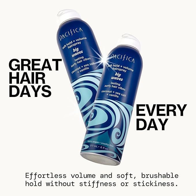 Pacifica Big Waves Coconut, Vanilla & Sea Salt Hairspray – Soft Hold Wavy Hair Texture Spray – Adds Volume & Controls Frizz, Travel Size Beach Hair Essential for Women – Vegan & Cruelty-Free – 6oz