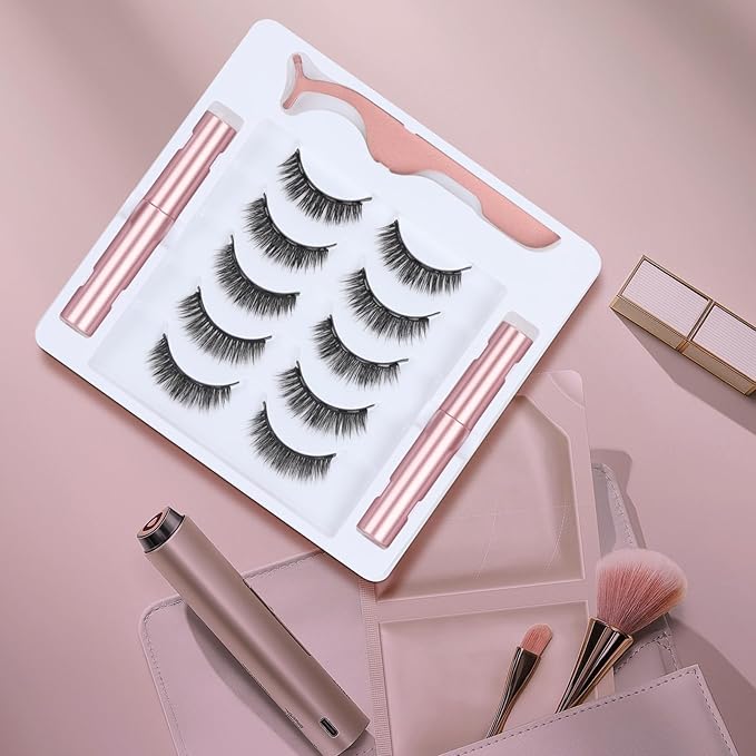Magnetic eyelashes with eyeliner (5 pairs), is simple and convenient to wear, can be reused, glue-free, and can be used longer with 2 eyeliners (natural styles)