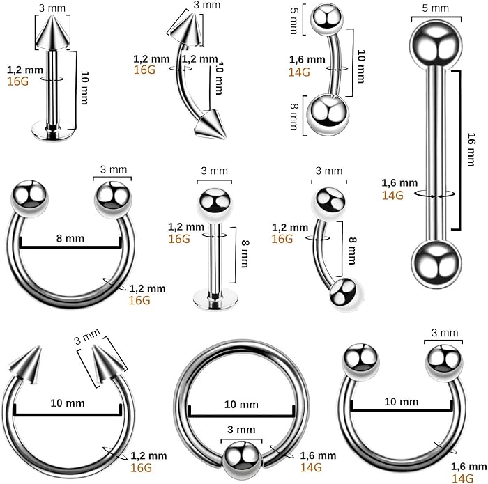 BodyJ4You 36PC PRO Body Piercing Kit - Nose Septum Ear Cartilage Lip Belly Navel Tragus Eyebrow - Surgical Steel 14G 16G BCR CBR Ring Barbell Spike - Tools Needles Gloves Clamps