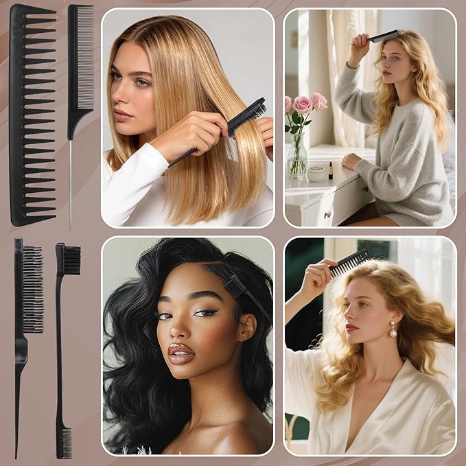6 Pcs Boar Bristle Slick Back Hair Brush with Edge Brush Rat Tail Comb and Wide Tooth Comb, Hair Styling Comb for Men Women