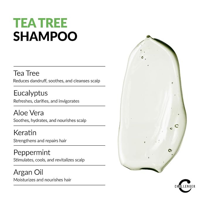 Challenger Tea Tree Shampoo | Men's Shower Product | For Itchy & Dry Scalp | Removes Dirt & Oils | Sulfate Free | Argan Oil, Biotin, Keratin | 16oz