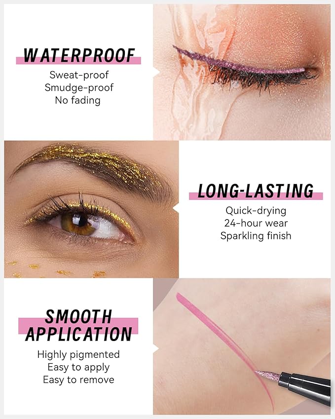 Metallic Shimmer Liquid Eyeliner, Blue Glitter Eyeliner Waterproof Long-Lasting 24H, Sparkling Finish Colored Eyeliner Pen, Ultra-Fine Tip Smooth Application, High Pigmented Smudge-Proof Eye Makeup-09