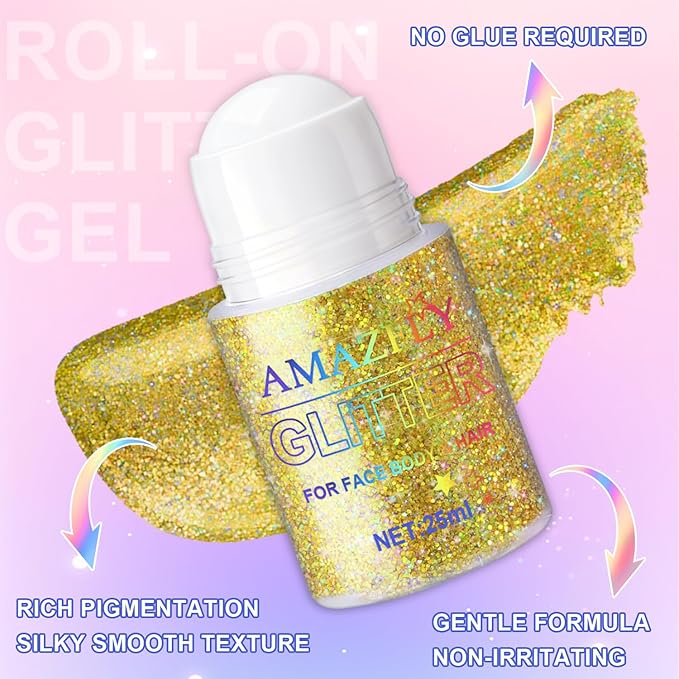 Roll-on Holographic Glitter Gel for Face & Hair, Sparkling Pink Shimmer Makeup, Color Changing Body Glitter for Festivals, Parties & Halloween,Chunky Mermaid Sequins Body Shimmer for Women(Laser Gold)
