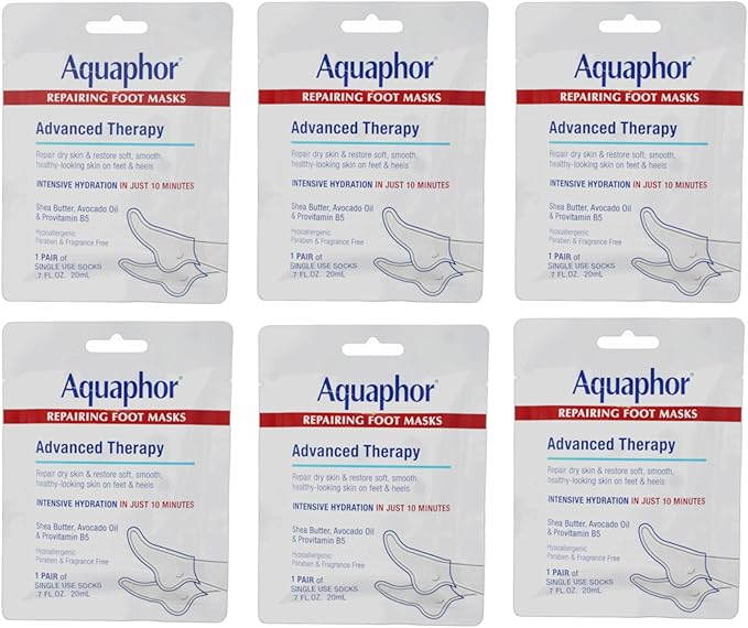 Aquaphor Repairing Foot Masks, Moisturizing Socks for Dry Feet, Hydrating Foot Care Treatment with Avocado Oil and Shea Butter, Pack of 6