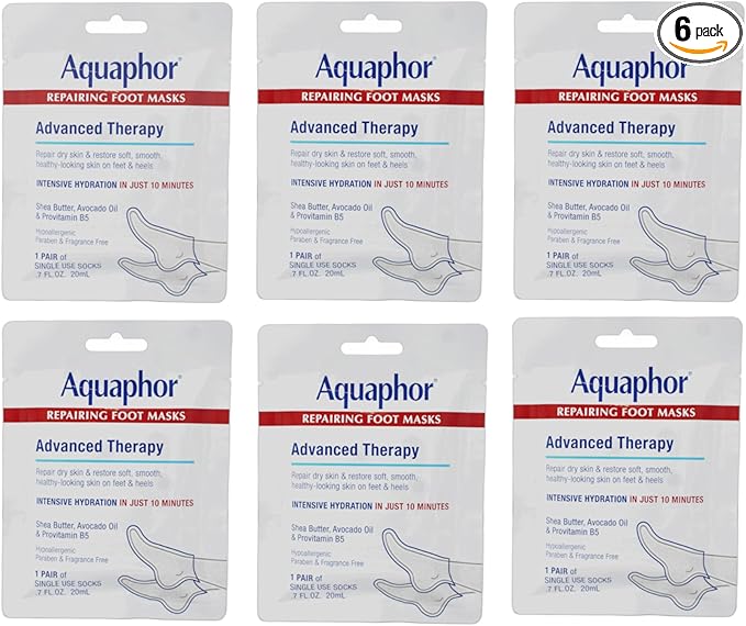 Aquaphor Repairing Foot Masks, Moisturizing Socks for Dry Feet, Hydrating Foot Care Treatment with Avocado Oil and Shea Butter, Pack of 6
