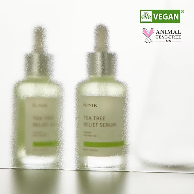 IUNIK Tea Tree Relief Serum – Tea Tree & Centella Asiatica Lightweight Vegan Ampoule for Soothing, Calming & Oil Balance, Korean Skincare for Acne-Prone Skin, 50ml / 1.69 fl oz