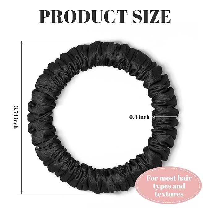 Scrunchies Hair Ties Silk Satin Scrunchy, WantGor Women 4PC Pure Mulberry Silk Skinny Elastic Scrunchies Hair Bands Bracelets Ponytail Holders Hair Accessories (Black*4)
