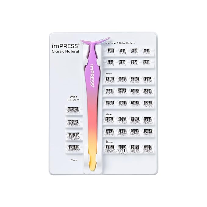 Kiss Impress Falsies Self Adhesive Eyelashes, Press On Lashes, 12mm-14mm Natural Volume Lashes, Black, No Glue Needed, Invisible Band, 36 Lash Clusters & Non-Stick Applicator - Natural