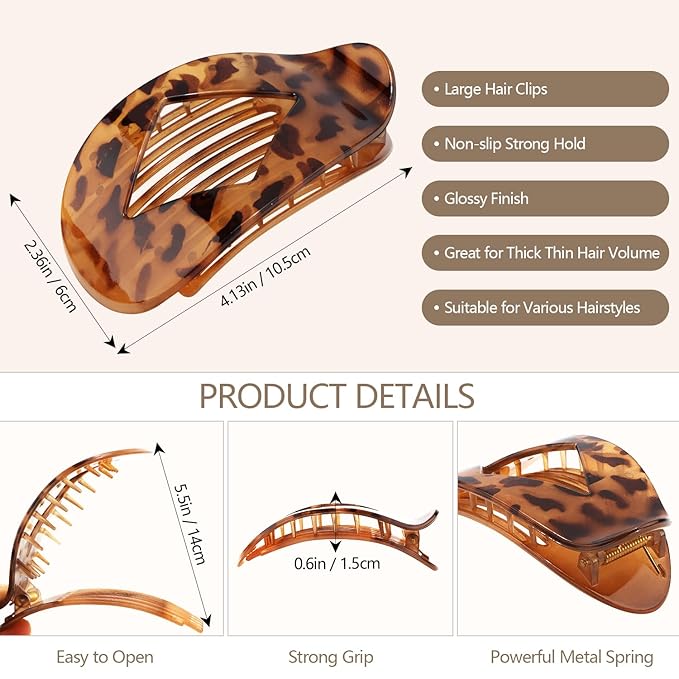 Atoden Large Flat Round Hair Clips Oval Claw Clips for Thick Medium Thin Hair 6Pcs Non Slip Strong Hold Barrettes Duckbill Accessories for Women Girls Leopard Tortoise Shell Color