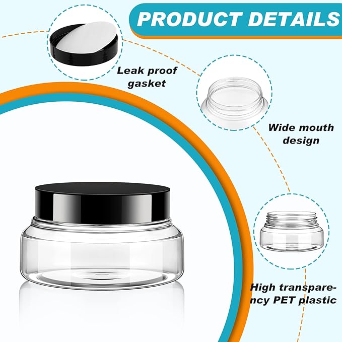 Tessco for you 24 Pack Plastic Jars with Lids Labels Multiuse Slime Containers Empty Body Scrub Jars Round Refillable Cosmetic Body Butter Container for Makeup (5 oz,Clear,Black)