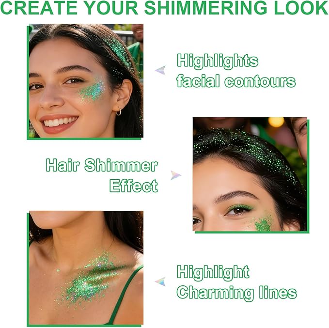 Hair and Body Glitter Spray, St Patricks Day Shimmering Powder Sparkle Powder Makeup, Green Glitter Loose Sparkle Makeup for Body Highlighter,Festival Prom Rave Accessories (Green)